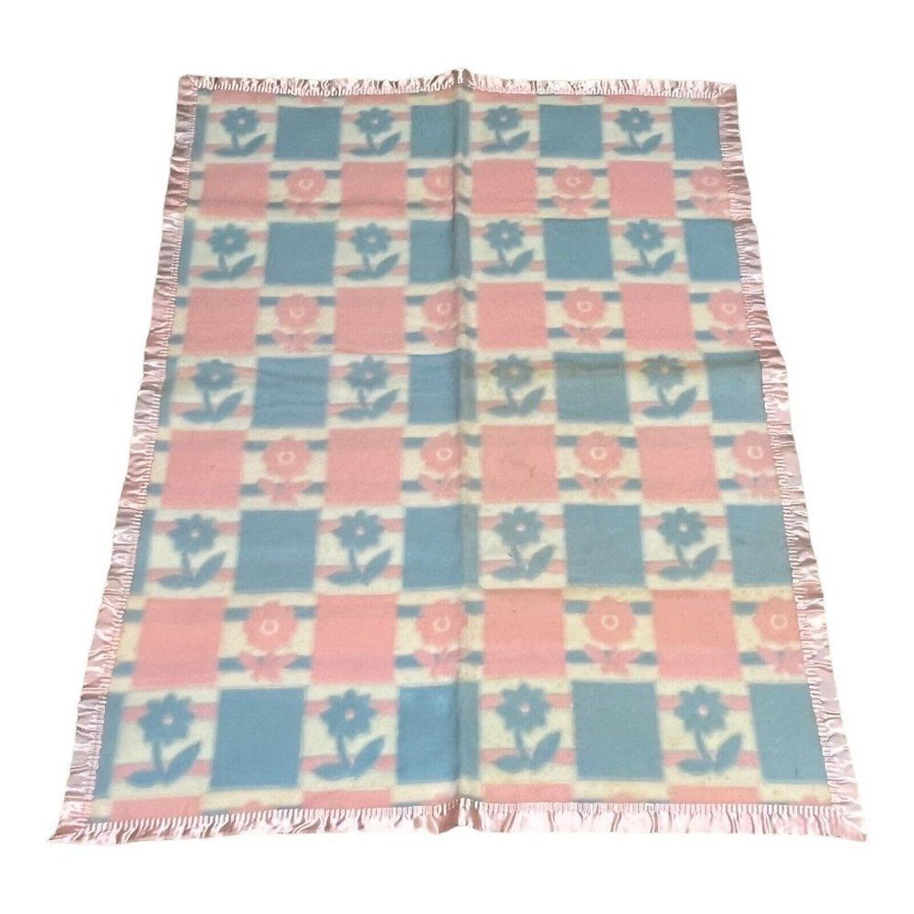 NOS Vintage North Star Starlet Pink Blue Baby Blanket Satin Trim Original Box